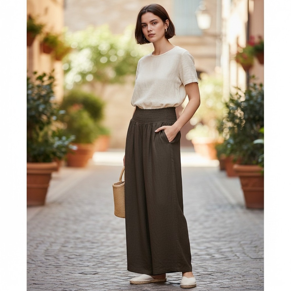 ANRABESS Linen Blend Pants Womens S Brown Smocked Waist Wide Leg Palazzo Boho